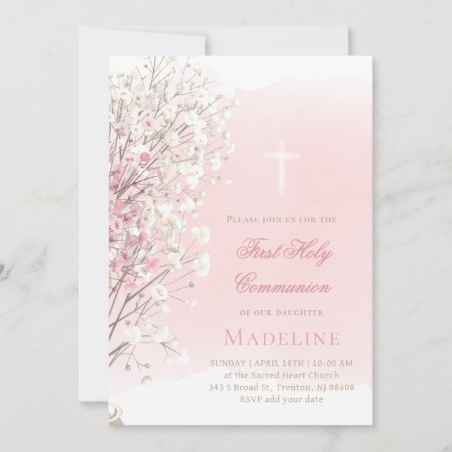 Convite pink watercolor baby's breath |  First Communion (Frente)