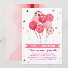 Convite Pink Watercolor Balloons Girl 7th Birthday Party