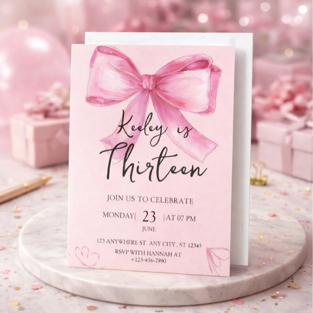 Convite Pink Watercolor Bow Birthday Invitation (Criador carregado)