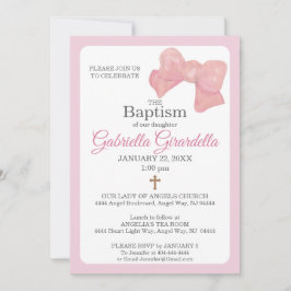 Convite Pink Watercolor Bow & Cross Baptism Invitation