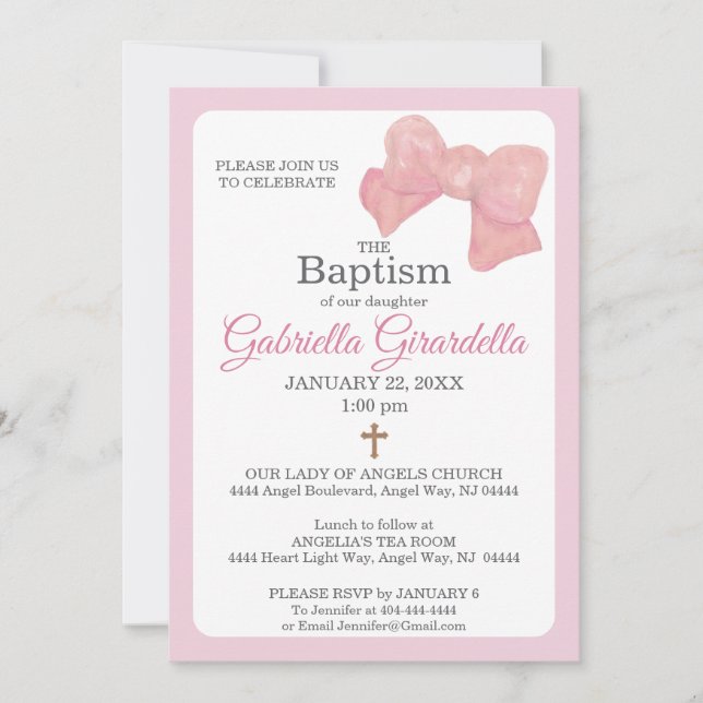Convite Pink Watercolor Bow & Cross Baptism Invitation (Frente)