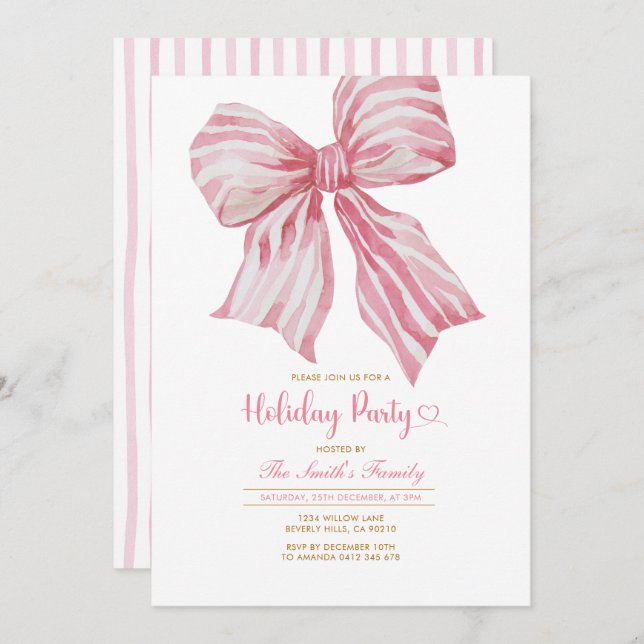 Convite Pink Watercolor Bow Holiday Party Invitation (Frente/Verso)