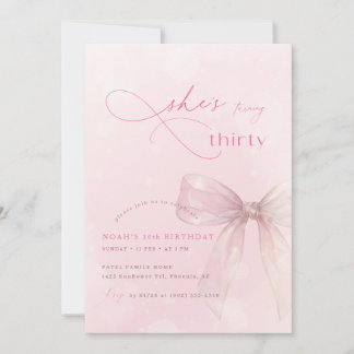 Convite Pink Watercolor Bow Ribbon Girls 30th Birthday