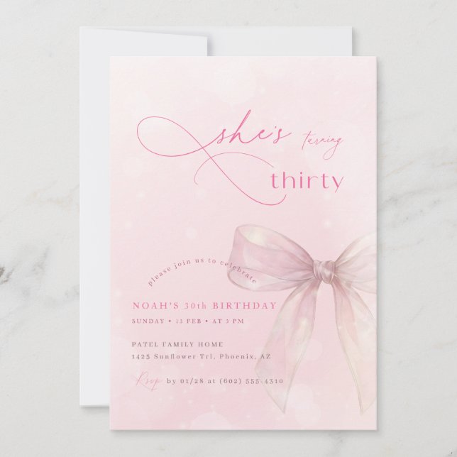 Convite Pink Watercolor Bow Ribbon Girls 30th Birthday (Frente)