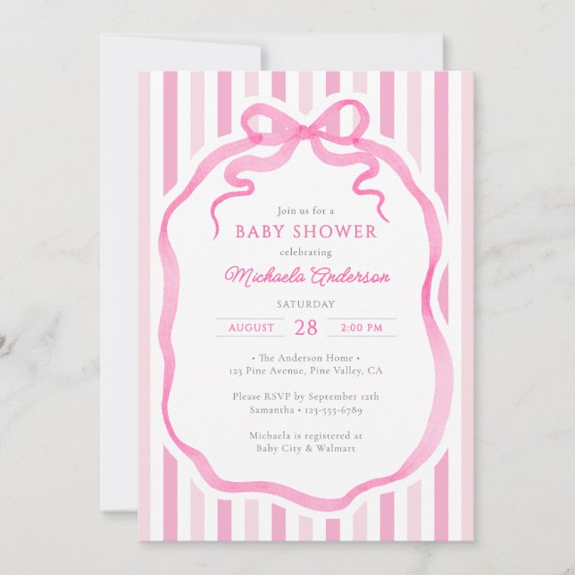 Convite Pink Watercolor Bow & Stripes Baby Shower (Frente)