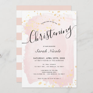 Convite Pink Watercolor Dourado Splatters Girl Christing