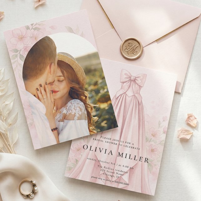 Convite Pink Watercolor Dress Coquette Bow Bridal Shower (Criador carregado)