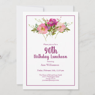 Convite Pink Watercolor Floral 90 Aniversário