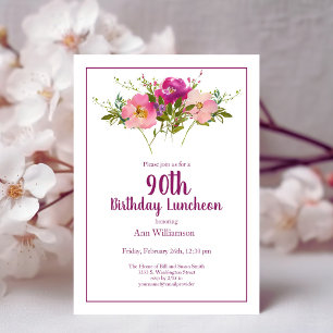 Convite Pink Watercolor Floral 90 Aniversário