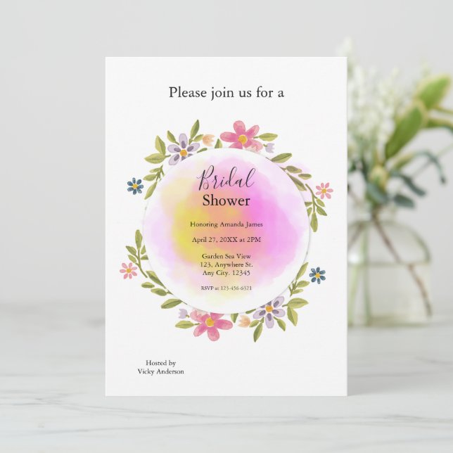Convite Pink Watercolor Floral Bridal Shower (Em pé/Frente)