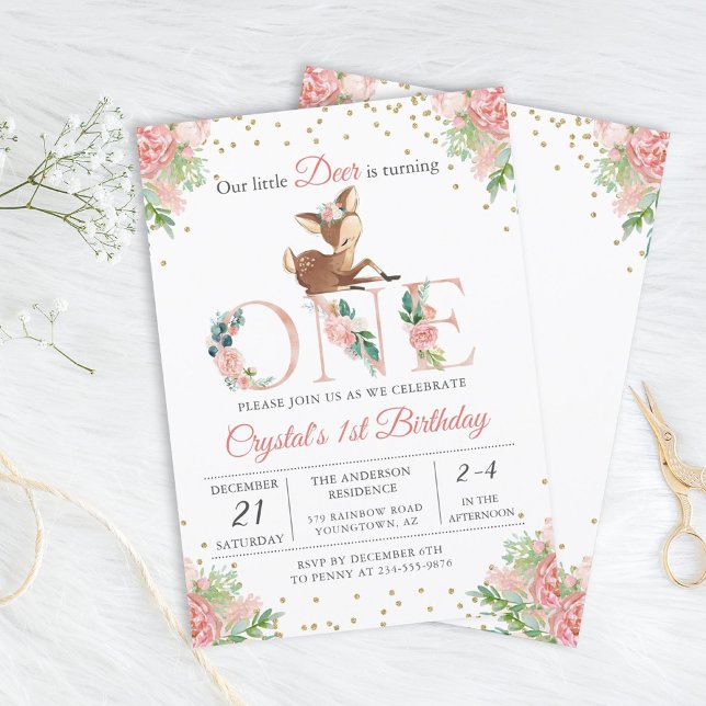 Convite Pink Watercolor Floral Little Deer First Birthday (Criador carregado)