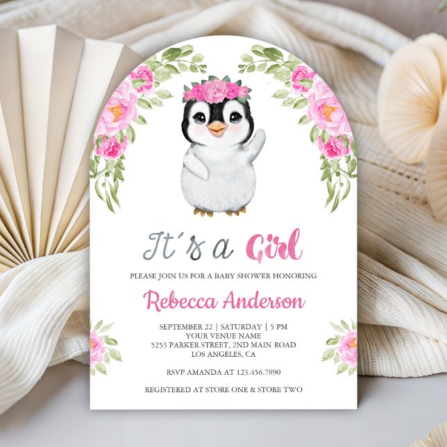 Convite Pink Watercolor Floral Penguin Baby Shower (Criador carregado)