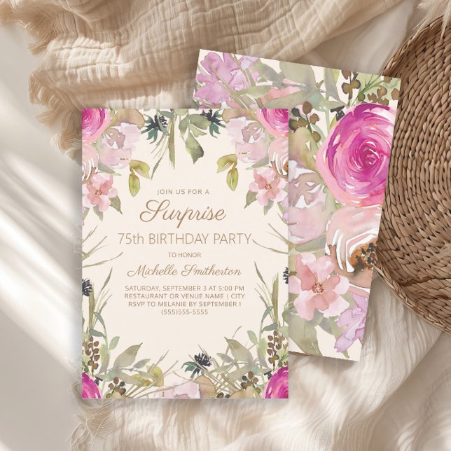 Convite Pink Watercolor Floral Surpresa 75.º Aniversário (Pink floral and sage green leaves surprise 75th birthday party invitation)