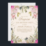 Convite Pink Watercolor Floral Surprise 50th Birthday<br><div class="desc">Bonito e feminina cor-de-água rosa e púrpura floral com folhas verdes sábias no convite de aniversário Surpresa 50º. Entre em contato conosco para obter ajuda com a personalização ou para solicitar produtos correspondentes.</div>