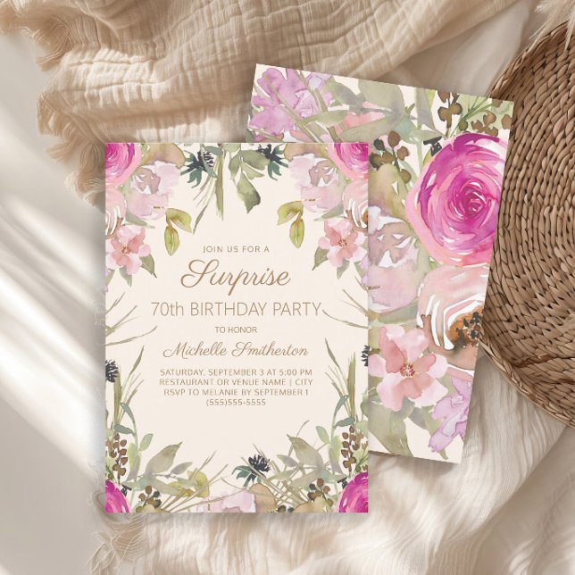 Convite Pink Watercolor Floral Surprise 70 Birday (Elegant pink watercolor floral and sage green leaves surprise 70th birthday party invitation)