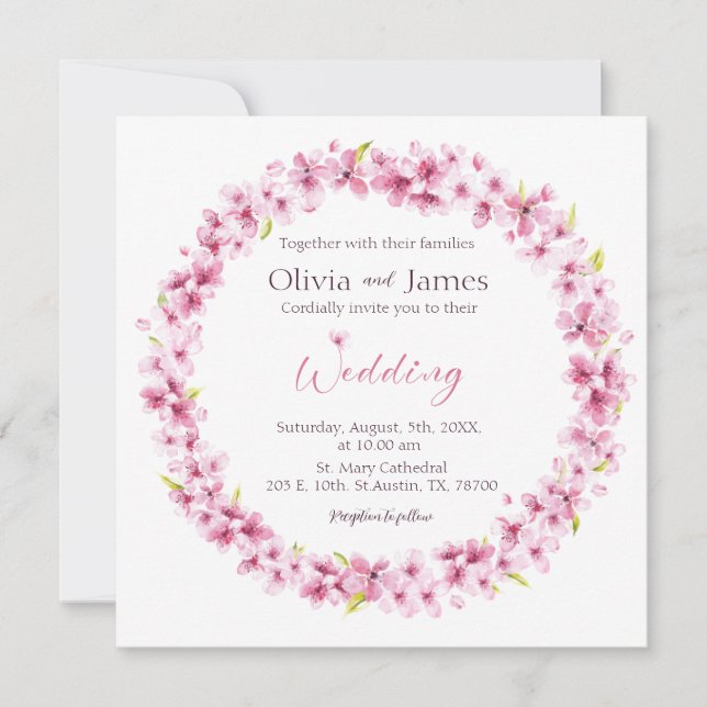 Convite Pink Watercolor Flowers Wreath Wedding Invitation (Frente)