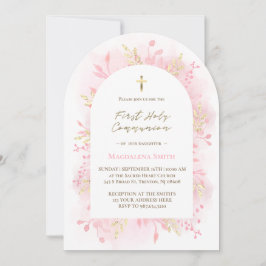 Convite pink watercolor foliage First Holy Communion 