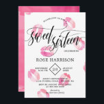 Convite Pink Watercolor Kisses Doce Dezesseis<br><div class="desc">Trendy doce 16 convite com 16 doces escrito em um lindo roteiro preto brilhante contra um fundo branco coberto de marcas de beijo rosa.</div>