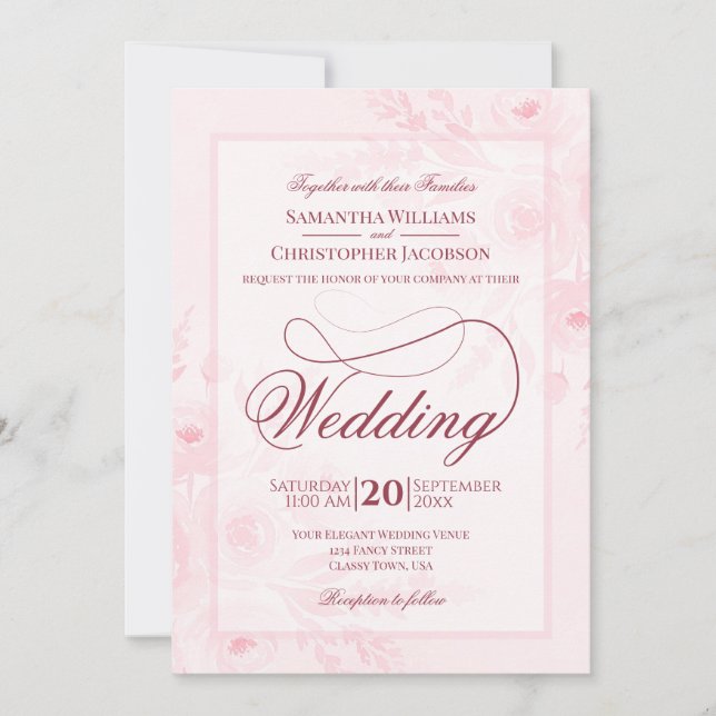 Convite Pink Watercolor Peonies Fancy Script Wedding (Frente)