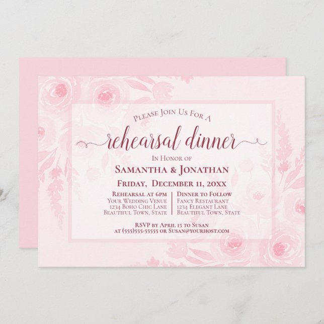 Convite Pink Watercolor Peonies Wedding Rehearsal Dinner (Frente/Verso)