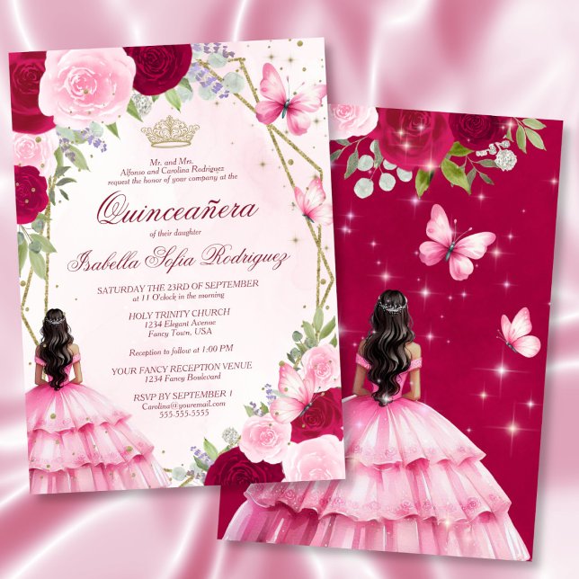 Convite Pink Watercolor Princesa Black Hair Quinceanera (Front/Back)