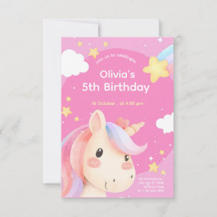 Convite Pink Watercolor Unicorn Birthday