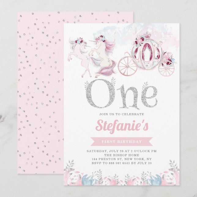 Convite Pink Watercolor Unicorn Fairytalt Primeiro Anivers (Frente/Verso)