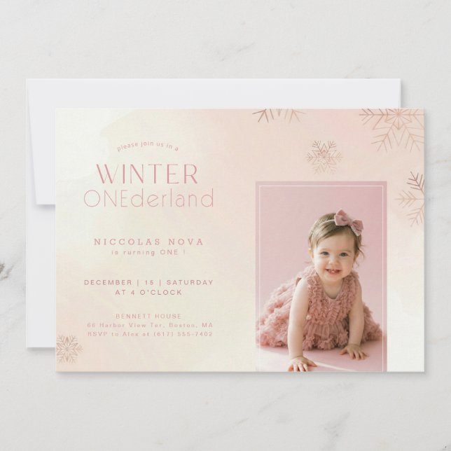 Convite Pink Watercolor Winter Onederland Birthday Photo (Frente)