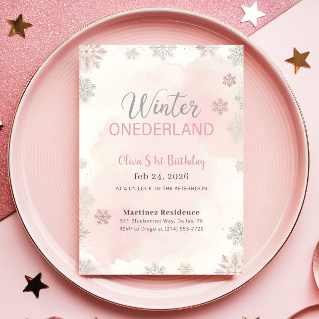 Convite Pink Watercolor Winter Wonderland First Birthday (Criador carregado)