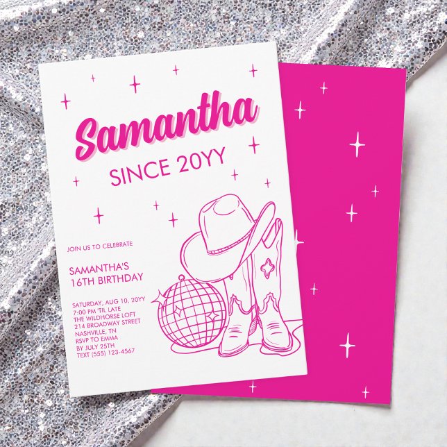 Convite Pink Western Country Disco 16th Birthday Party (Pink Western Country Disco 16th Birthday Party Invitation)