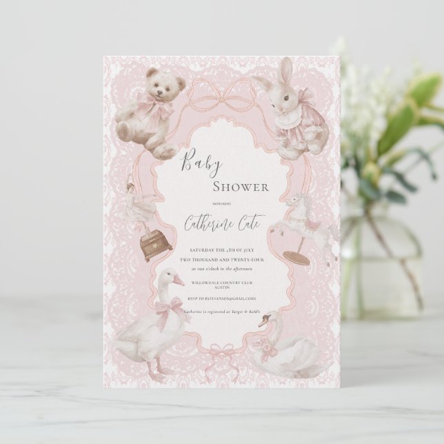Convite Pink Whimsical Elegant Vintage Baby Shower (Em pé/Frente)
