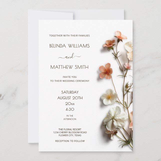 Convite Pink White 3D Wildflowers Simple (Frente)