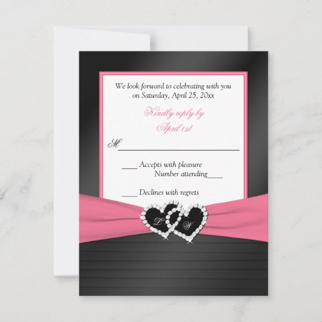 Convite Pink White Black FAUX Pleats Heart Weding RSVP (Frente)