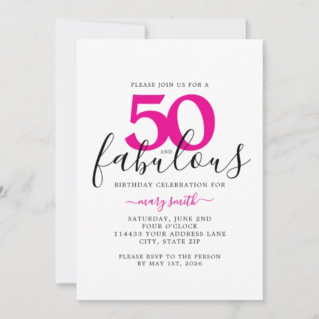 Convite Pink White Fifty and Fabulous 50th Birthday Party (Frente)