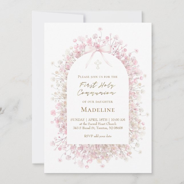 Convite pink white  First Communion girl (Frente)