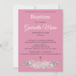 Convite Pink White Floral Watercolor Cross Baptism