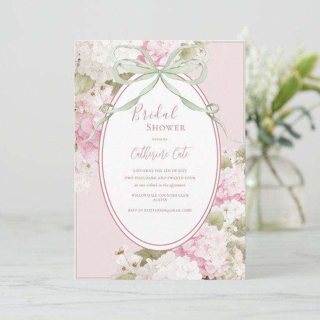 Convite Pink White Hydrangeas Sage Green Bridal Shower (Em pé/Frente)
