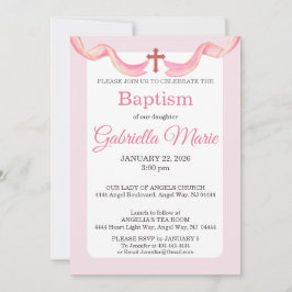Convite Pink & White Ribbon Cross Watercolor Baptism