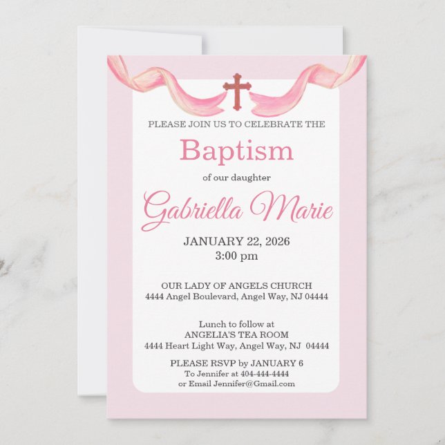 Convite Pink & White Ribbon Cross Watercolor Baptism (Frente)
