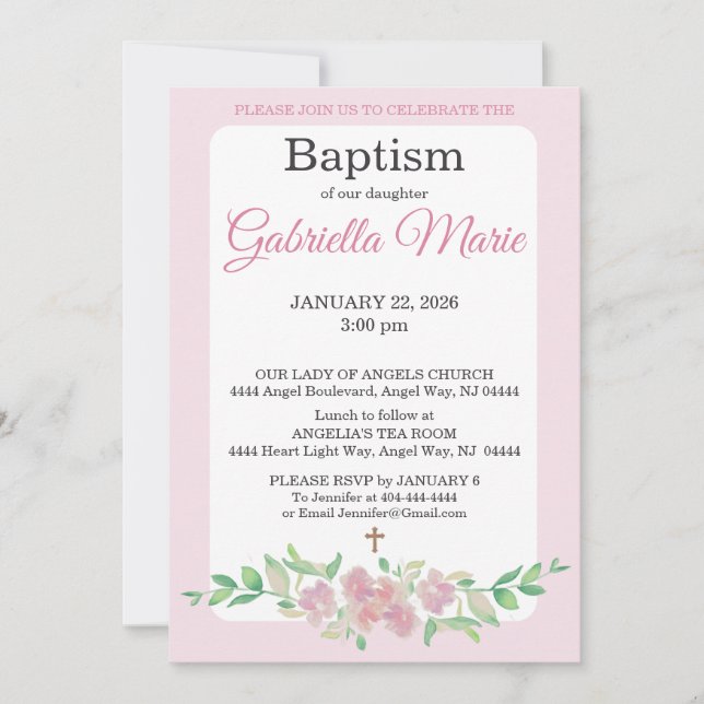 Convite Pink White Rose Floral Watercolor Cross Baptism (Frente)