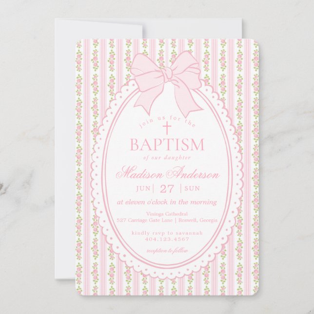 Convite Pink & White Vintage Fancy Floral Baptism (Frente)