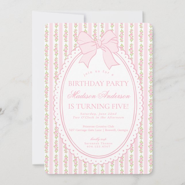 Convite Pink & White Vintage Fancy Floral Birthday Party (Frente)