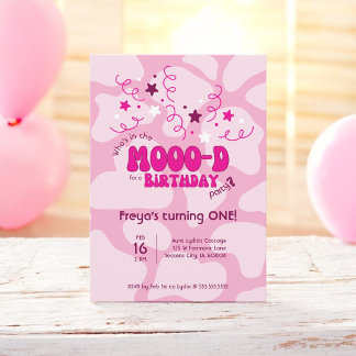 Convite Pink Who's in the MOOO-D Cow Print 1st Birthday