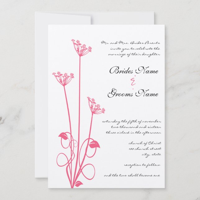 Convite Pink Wild Flower Swirl Wedding Invitation (Frente)