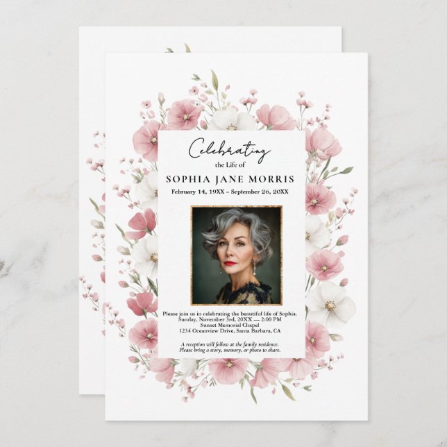 Convite Pink Wild Flowers Funeral Invitation (Frente/Verso)