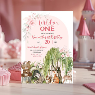 Convite Pink Wild One Woodland Girl Primeiro Aniversário