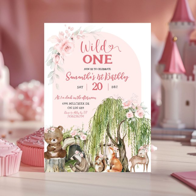 Convite Pink Wild One Woodland Girl Primeiro Aniversário (Criador carregado)