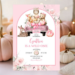 Convite Pink Wild One Woodland Pumpkin Truck primeiro aniv