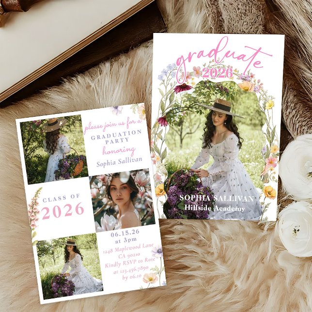 Convite Pink Wildflower Bloom Graduation Party Invitation (Criador carregado)