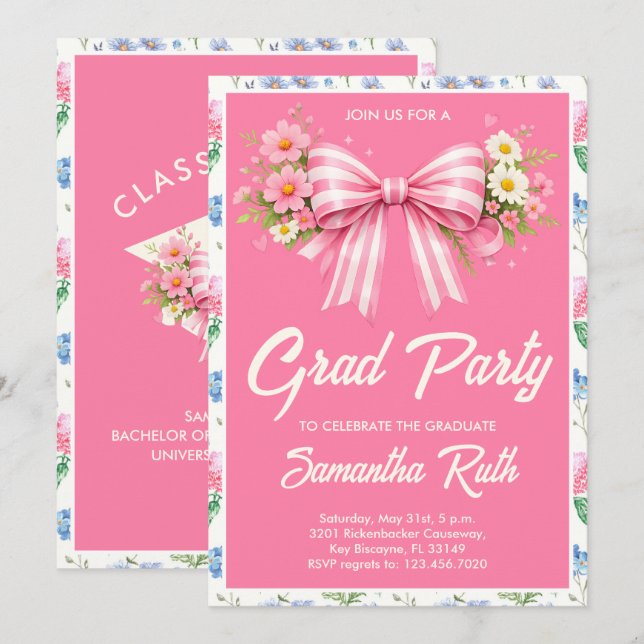 Convite Pink Wildflower Bow Graduation Party  (Frente/Verso)